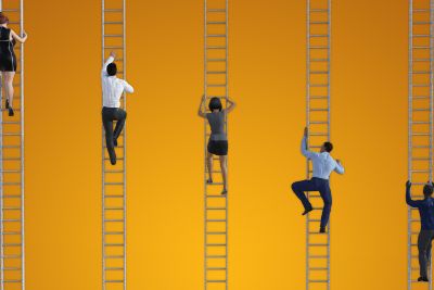 Opportunity meant a ten-to-twelve-hour work day. Lunch was an alcohol networking opportunity. Image shows workers climbing the corporate ladder.